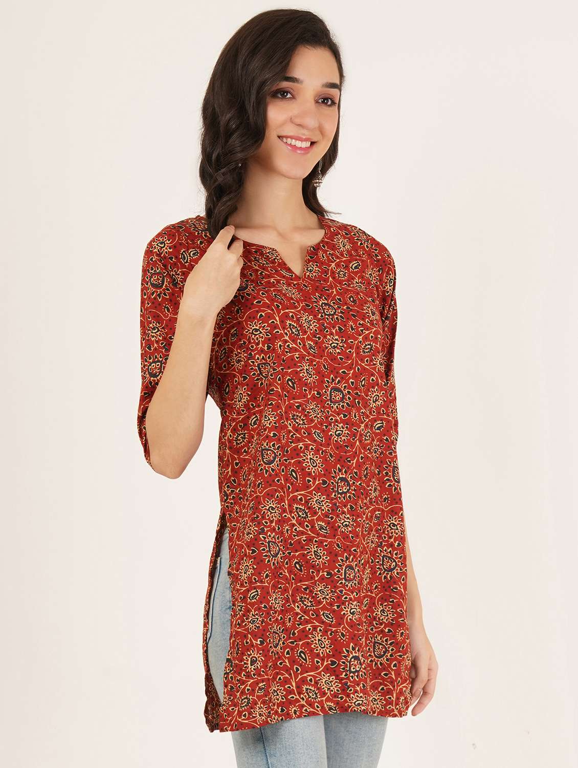 women printed three quarter sleeve straight kurti - 22386998 -  Standard Image - 2