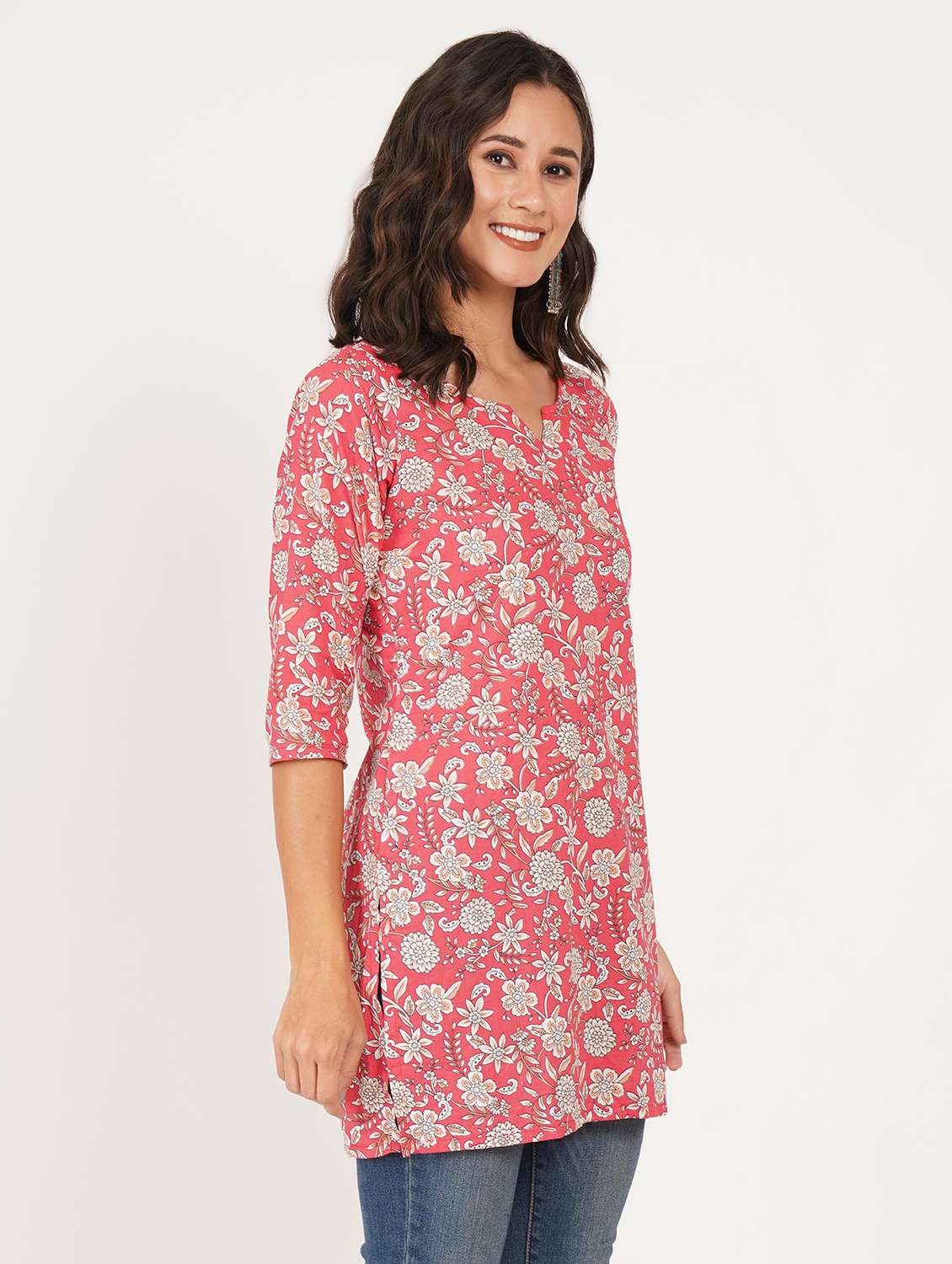 women printed three quarter sleeve straight kurti - 22387002 -  Standard Image - 2