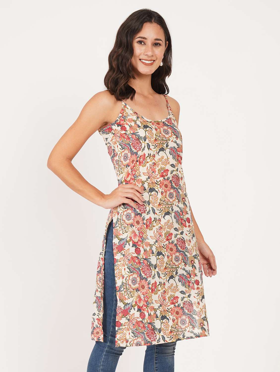 women floral shoulder strap straight kurta - 22387005 -  Standard Image - 2