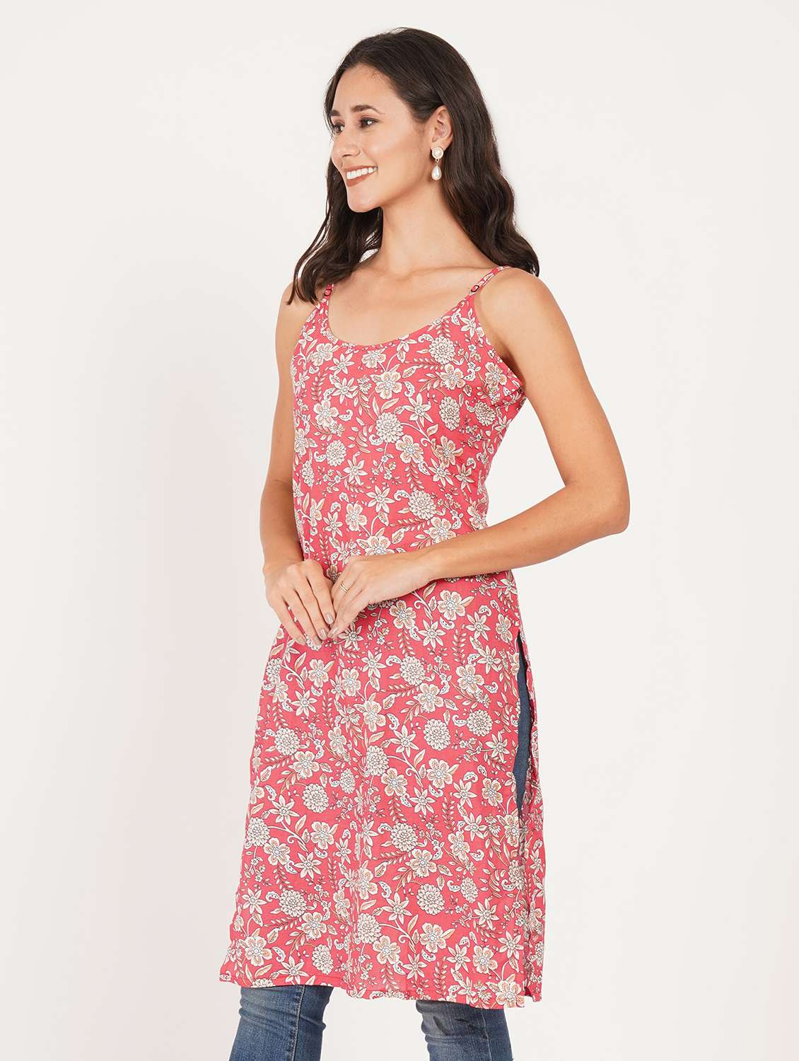 women floral shoulder strap straight kurta - 22387007 -  Standard Image - 2