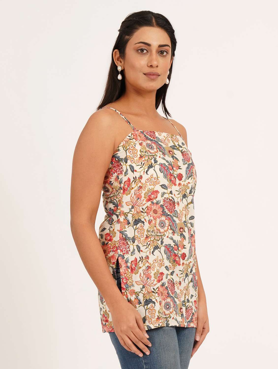 women floral shoulder strap straight kurti - 22387017 -  Standard Image - 2