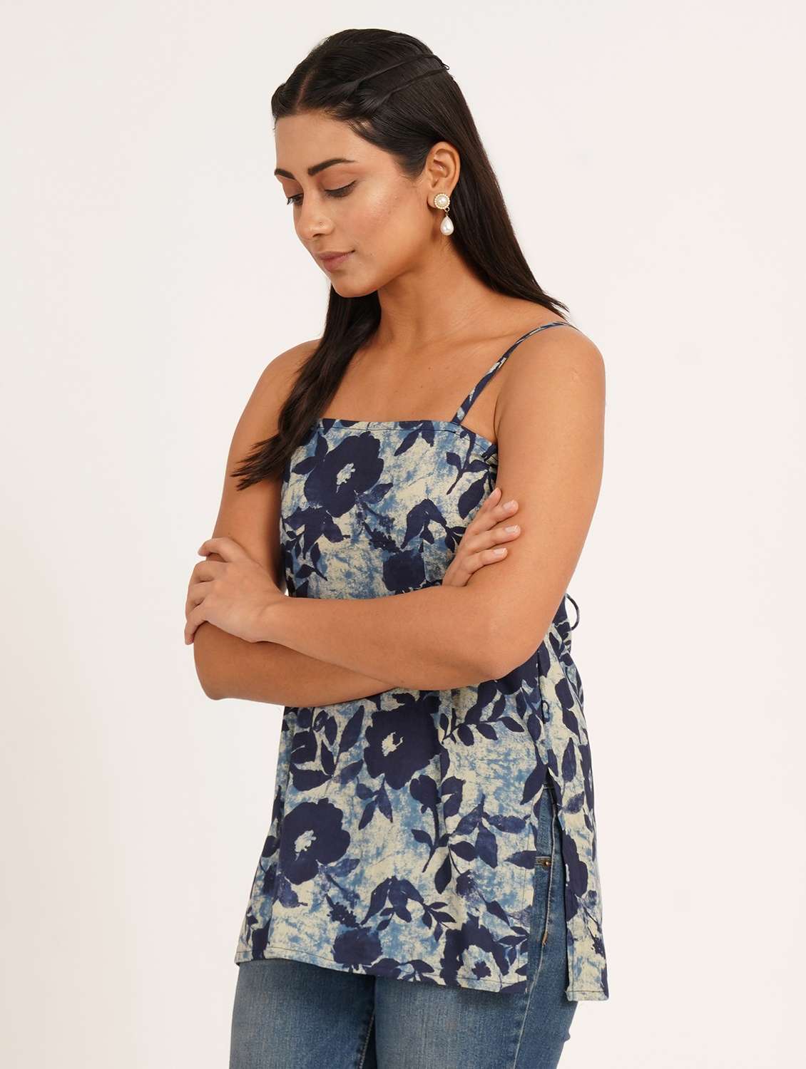 women floral shoulder strap straight kurti - 22387018 -  Standard Image - 2