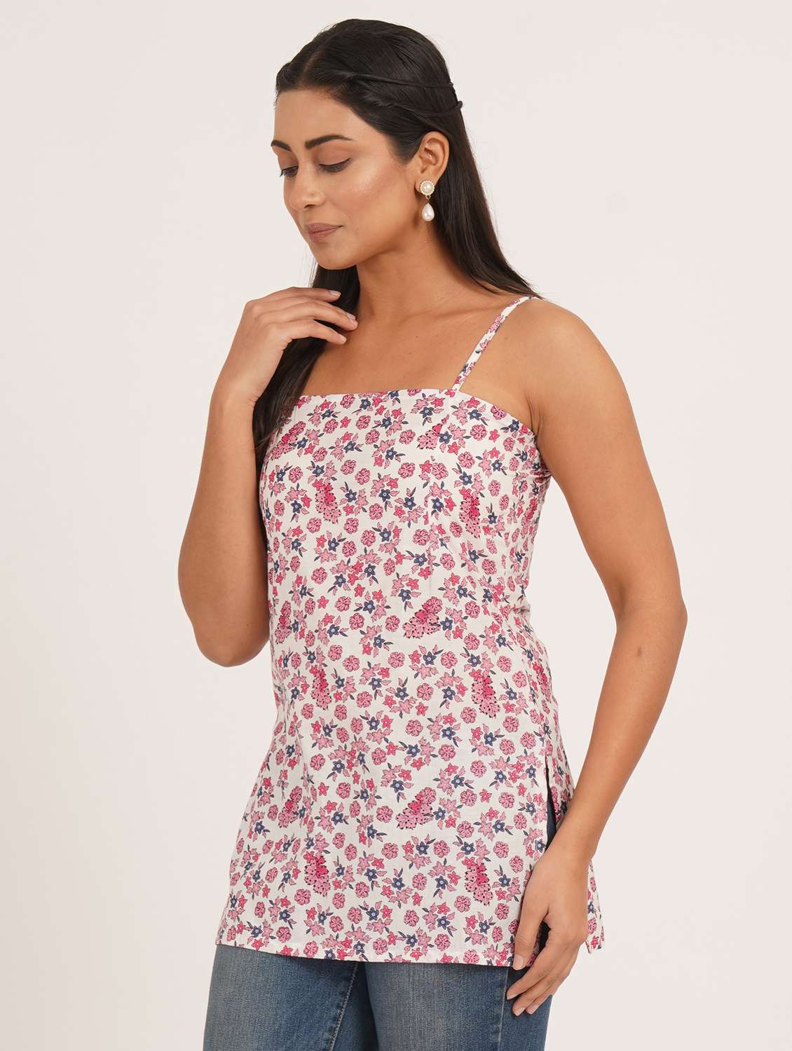 women floral shoulder strap straight kurti - 22387019 -  Standard Image - 2