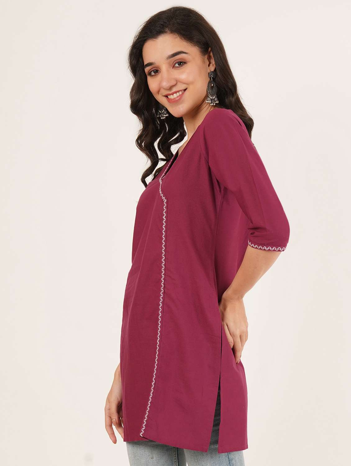 women solid three quarter sleeve angrakha kurti - 22387040 -  Standard Image - 2