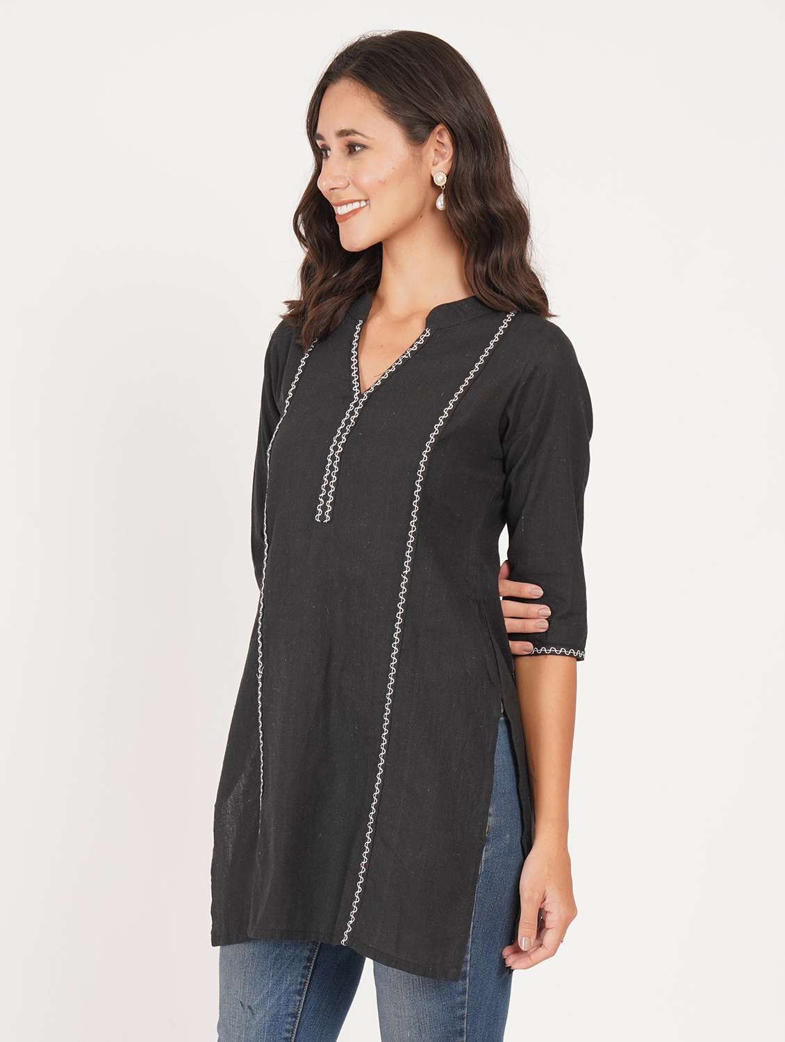 women solid with work three quarter sleeve straight kurti - 22387041 -  Standard Image - 2