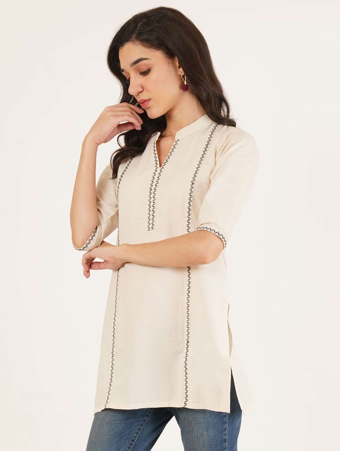 women solid with work three quarter sleeve straight kurti - 22387042 -  Standard Image - 2