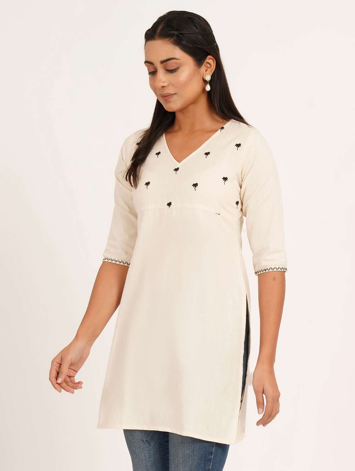 women solid with work three quarter sleeve straight kurti - 22387049 -  Standard Image - 2