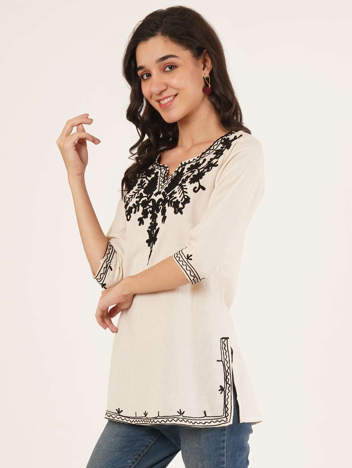 women solid with work notch neck straight kurti - 22387072 -  Standard Image - 2