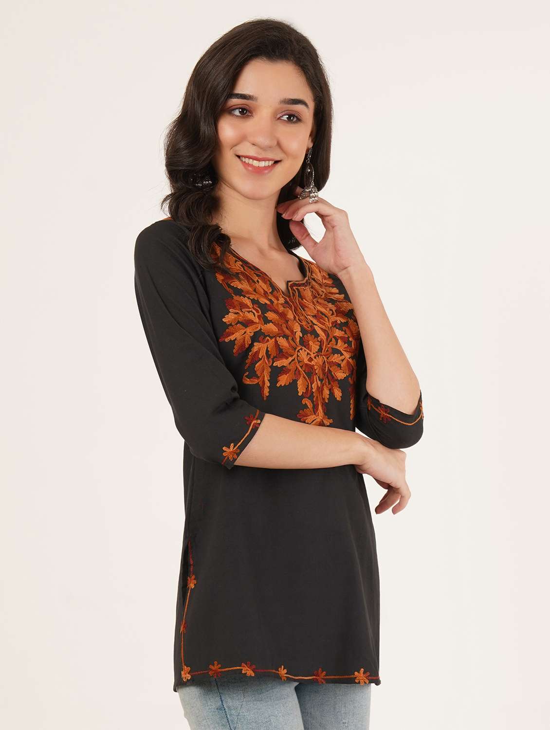 women solid with work notch neck straight kurti - 22387076 -  Standard Image - 2