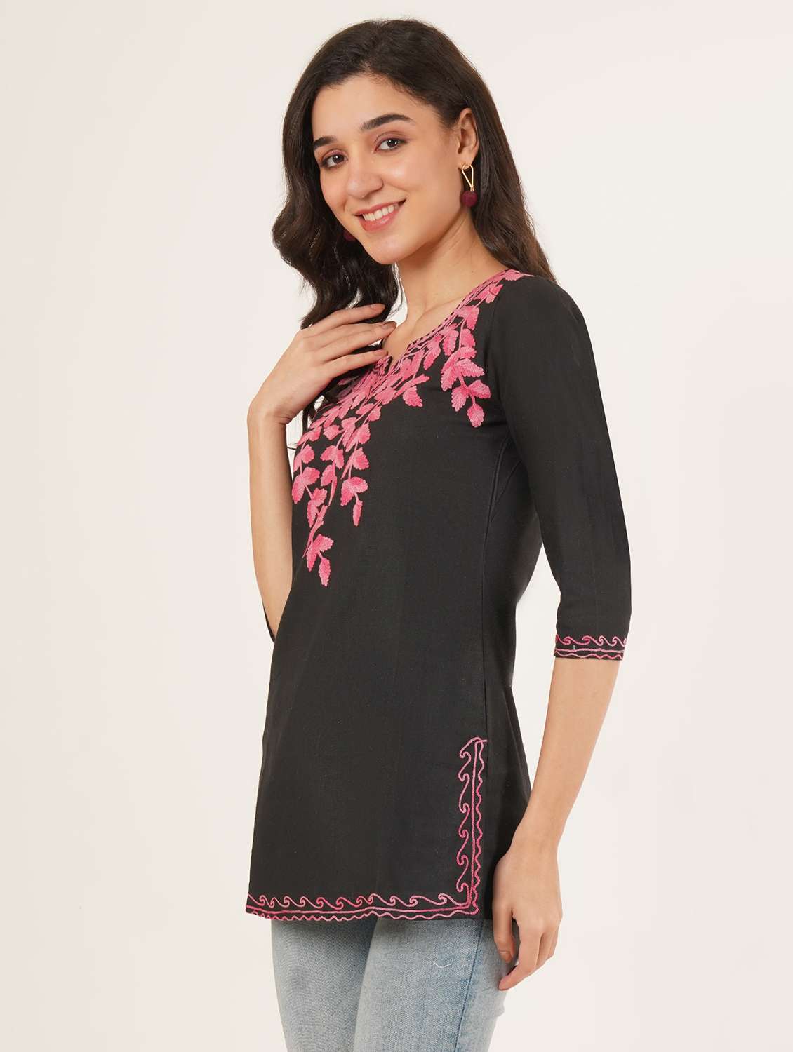 women solid with work notch neck straight kurti - 22387077 -  Standard Image - 2