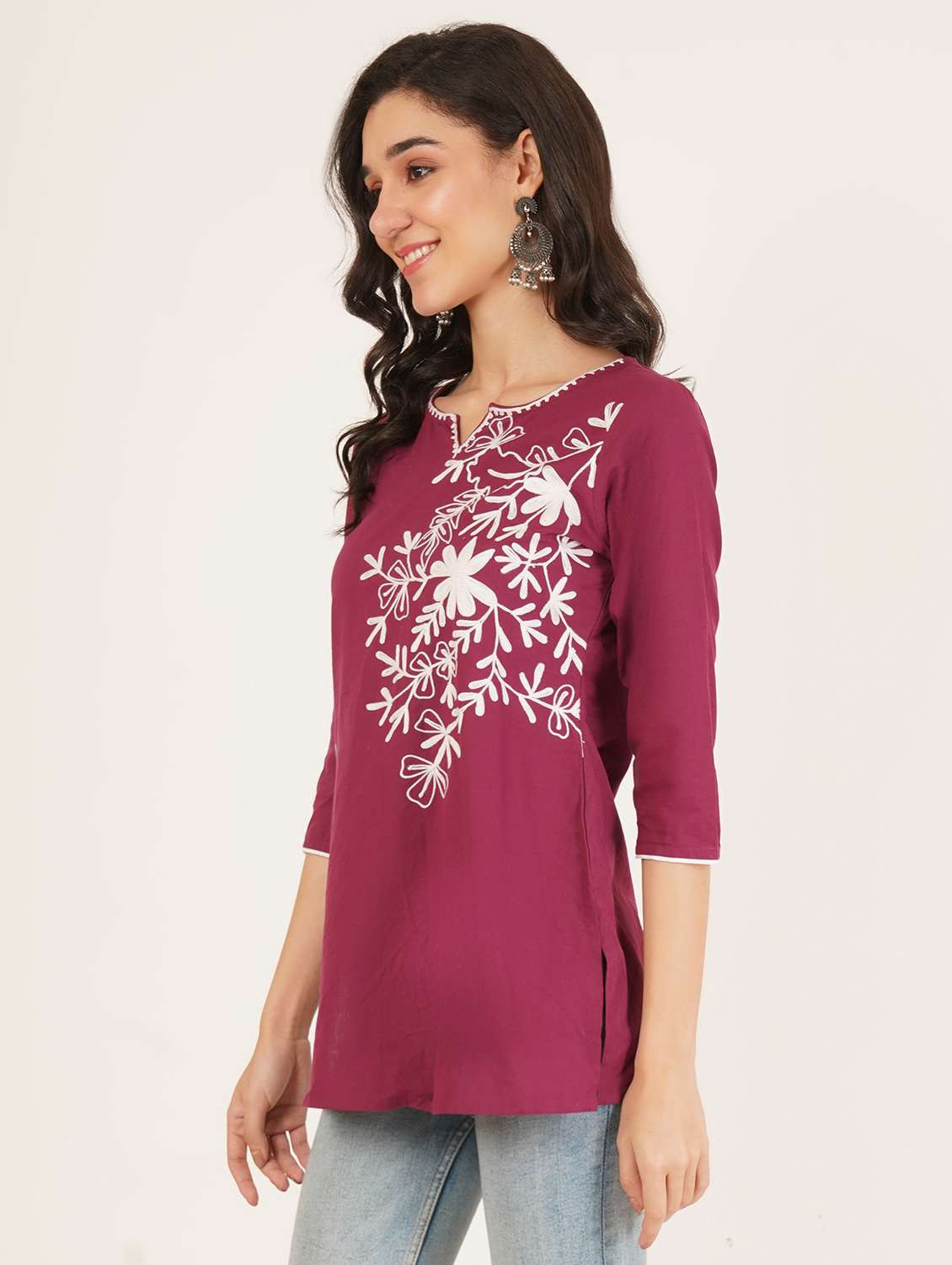 women solid with work notch neck straight kurti - 22387079 -  Standard Image - 2