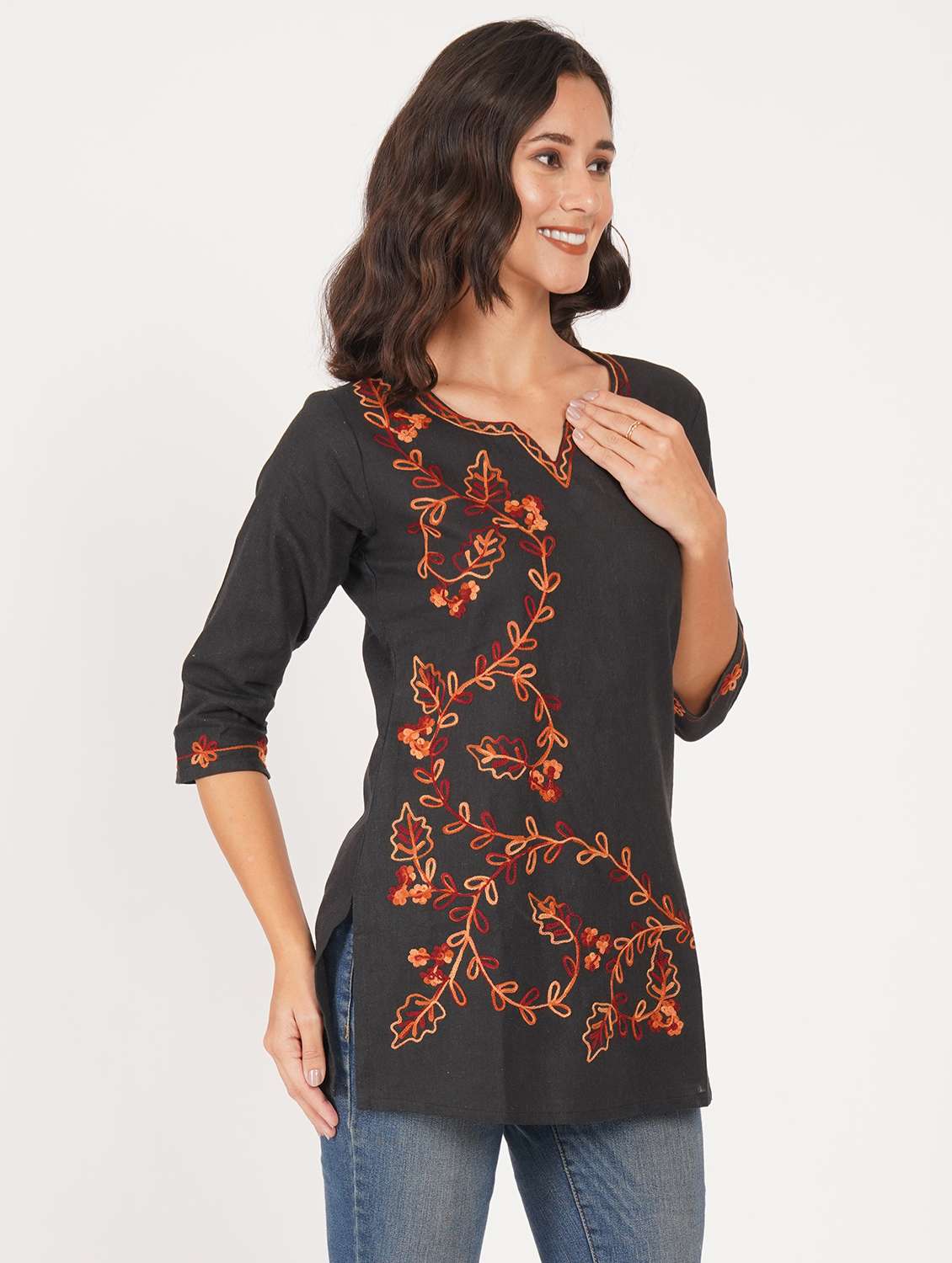 women solid with work notch neck straight kurti - 22387080 -  Standard Image - 2