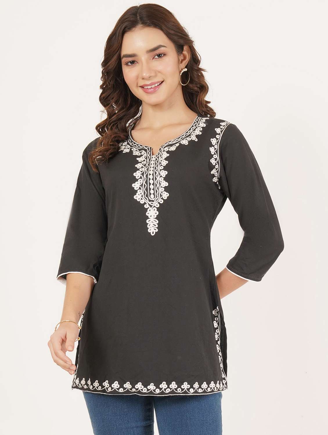 women solid with work notch neck straight kurti - 22387081 -  Standard Image - 2