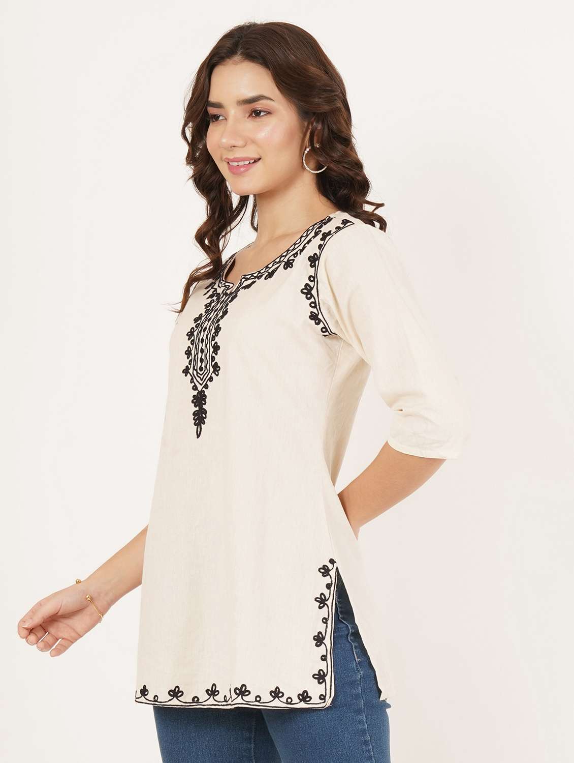 women solid with work notch neck straight kurti - 22387082 -  Standard Image - 2