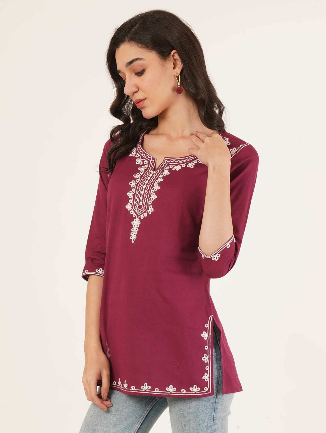 women solid with work notch neck straight kurti - 22387083 -  Standard Image - 2
