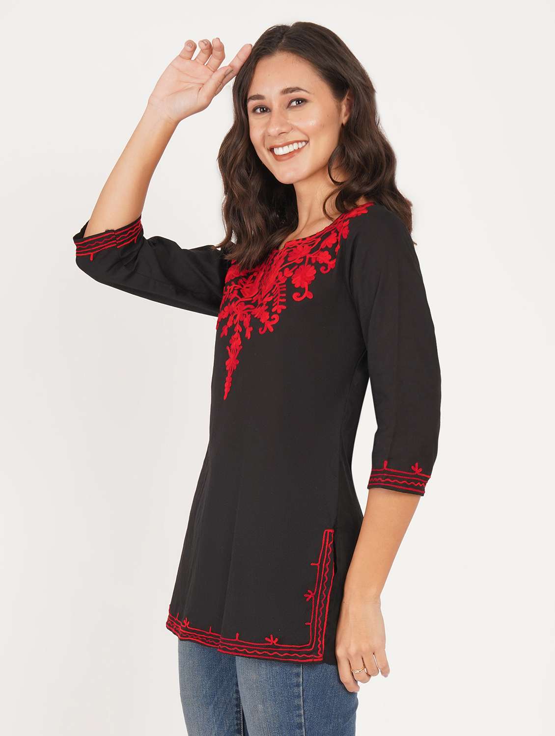 women solid with work notch neck straight kurti - 22387086 -  Standard Image - 2