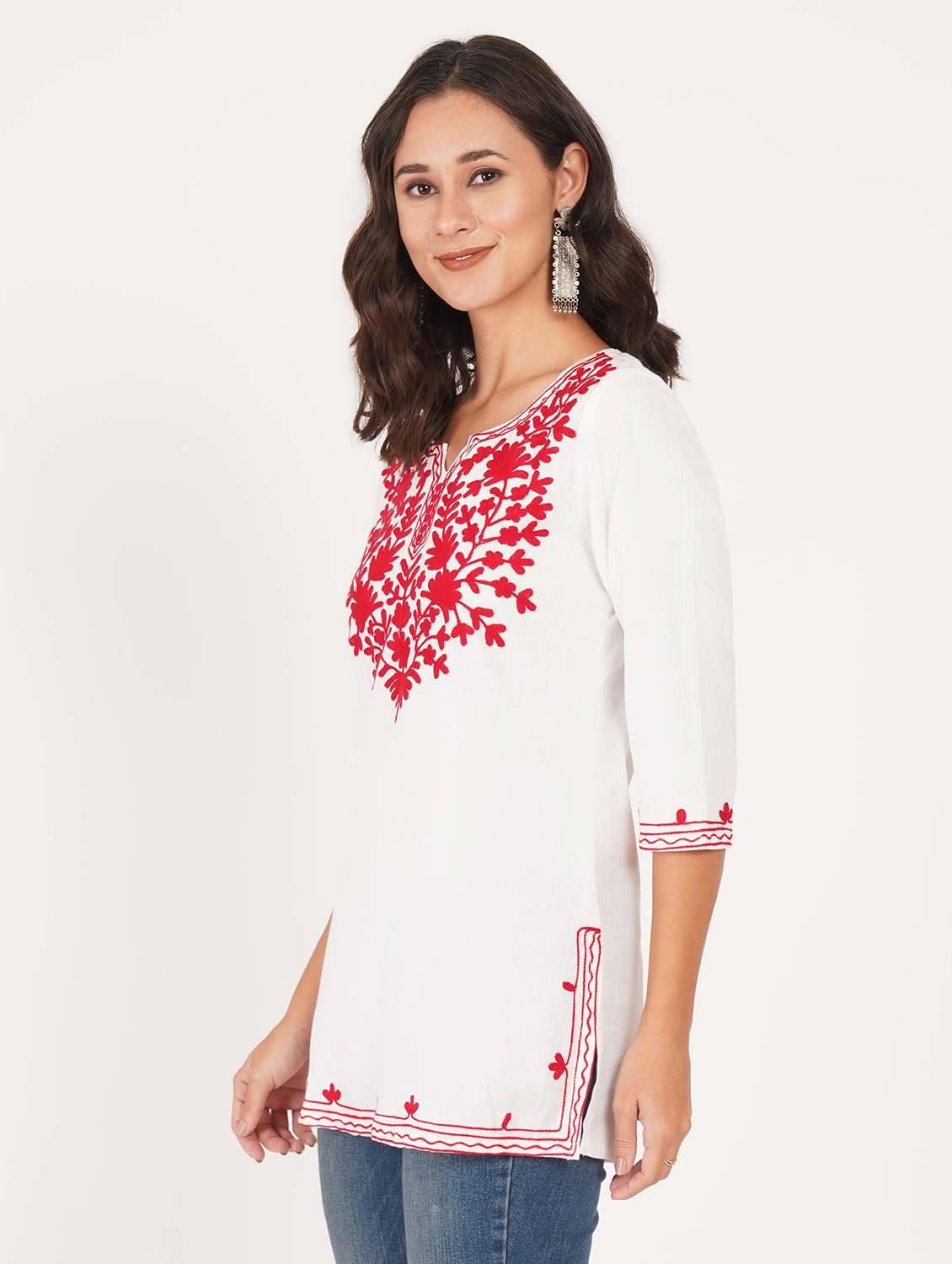 women solid with work notch neck straight kurti - 22387087 -  Standard Image - 2