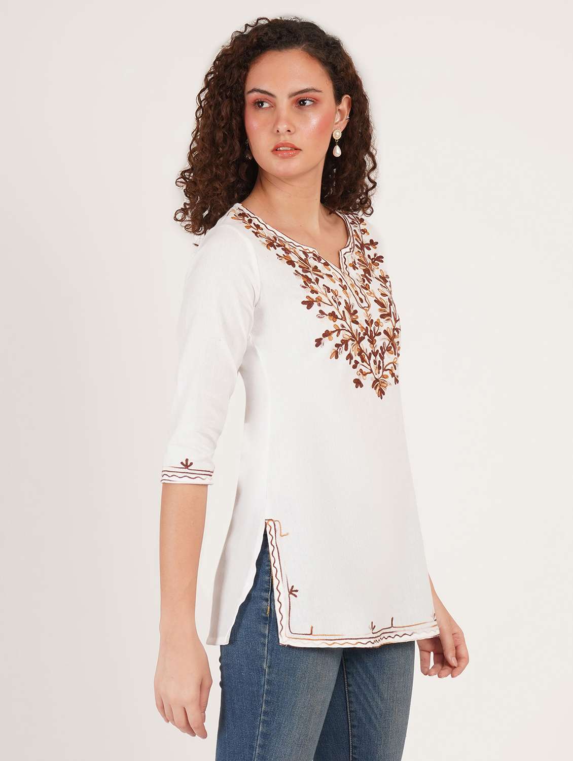 women solid with work notch neck straight kurti - 22387088 -  Standard Image - 2