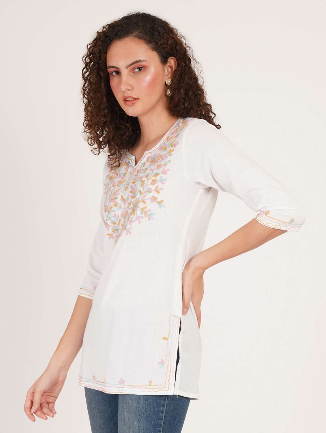 women solid with work notch neck straight kurti - 22387089 -  Standard Image - 2