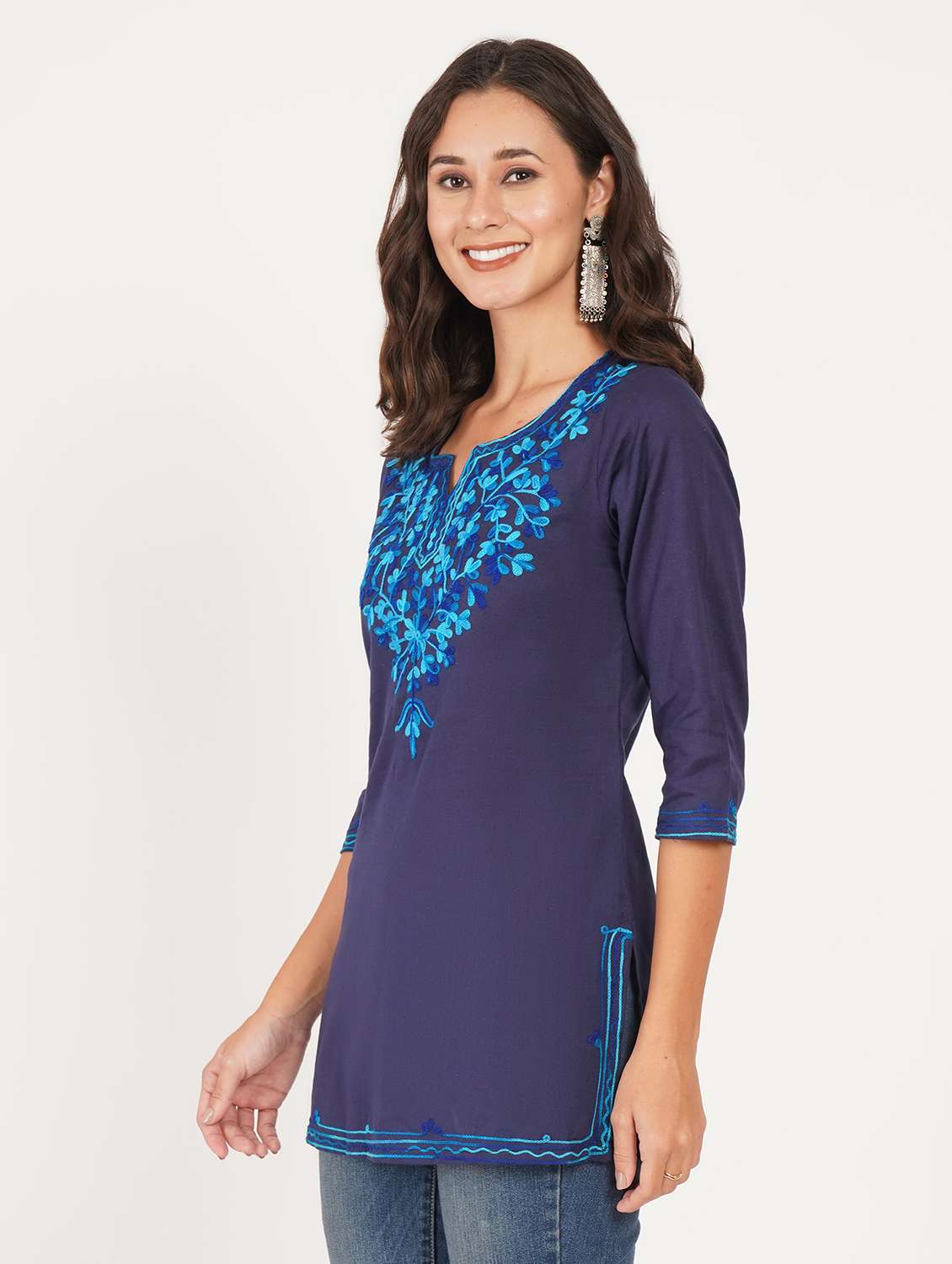 women solid with work notch neck straight kurti - 22387090 -  Standard Image - 2