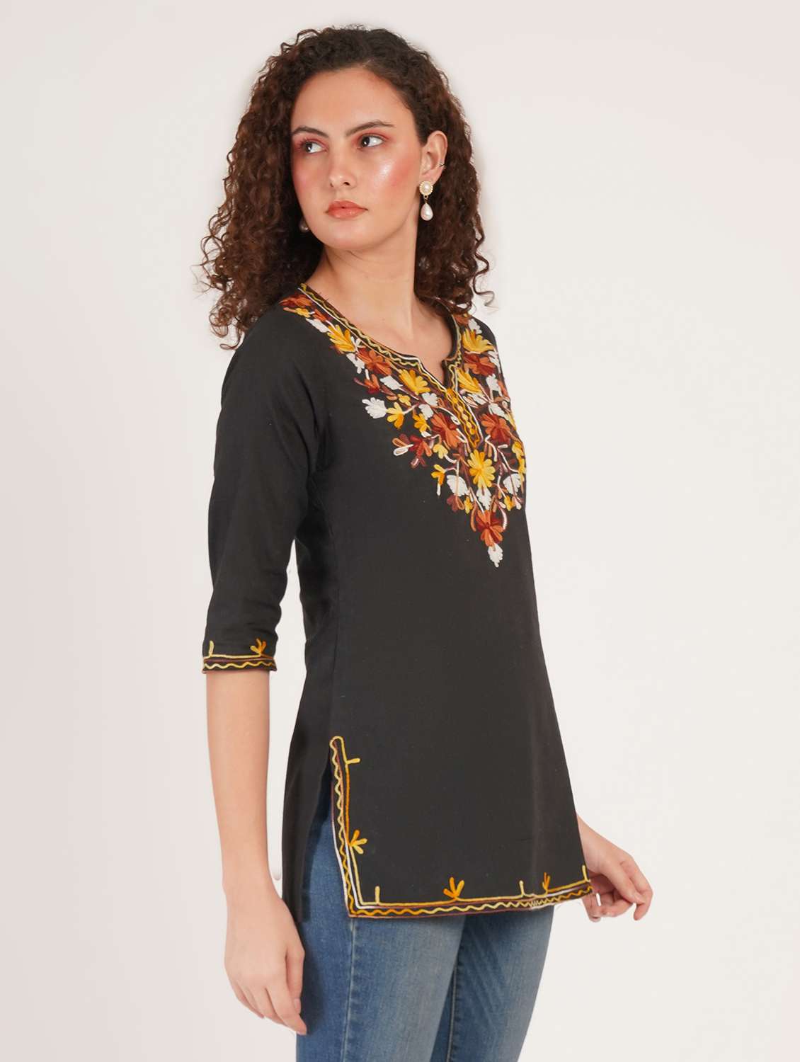 women solid with work notch neck straight kurti - 22387092 -  Standard Image - 2