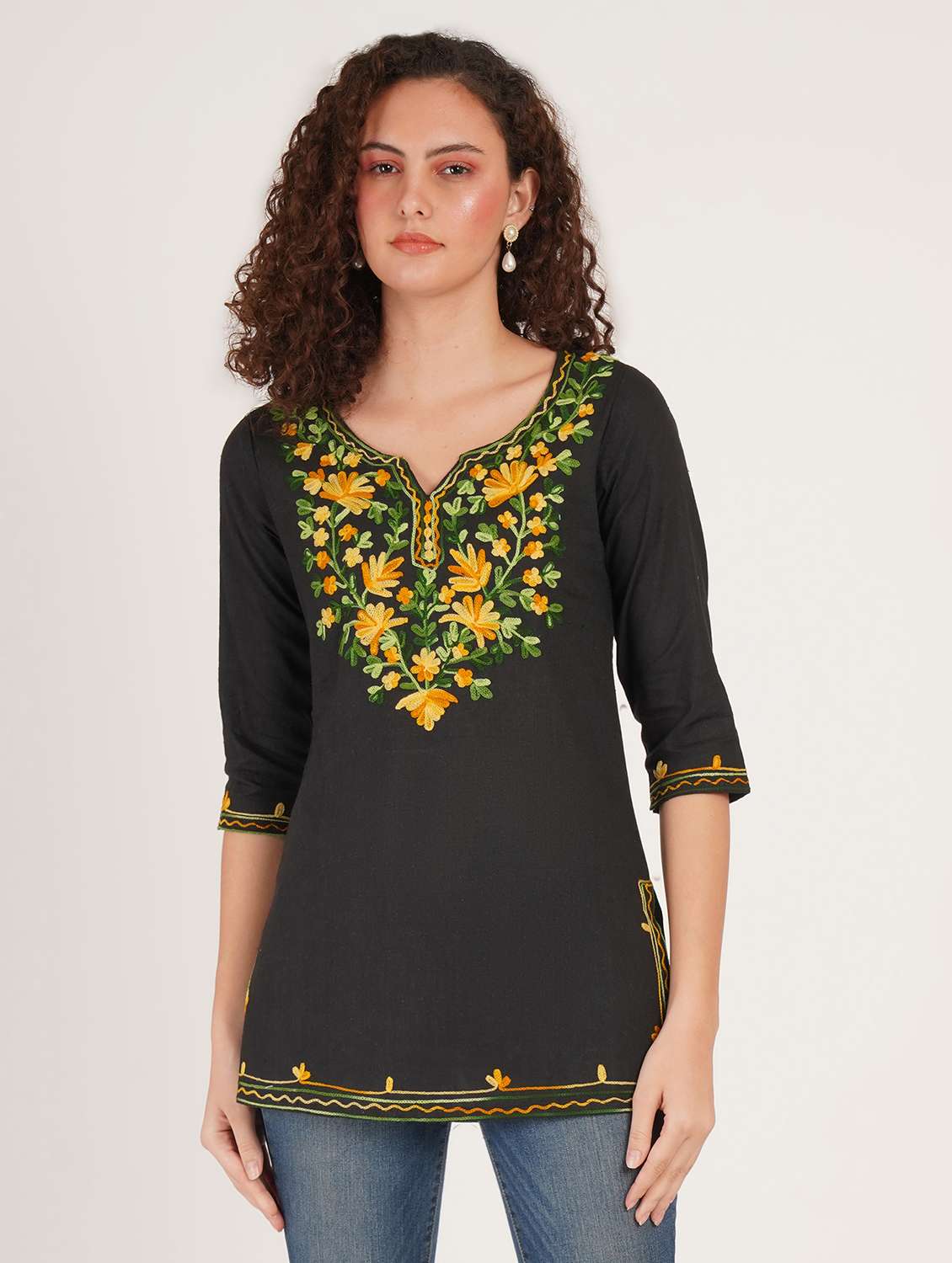 women solid with work notch neck straight kurti - 22387093 -  Standard Image - 2