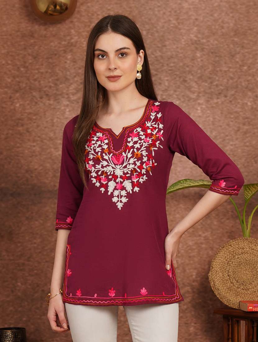 women solid with work notch neck straight kurti - 22387095 -  Standard Image - 2