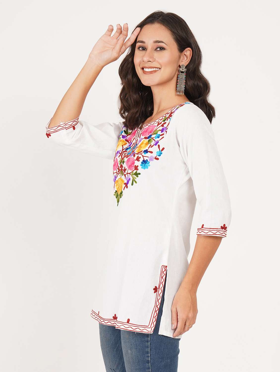 women solid with work notch neck straight kurti - 22387097 -  Standard Image - 2