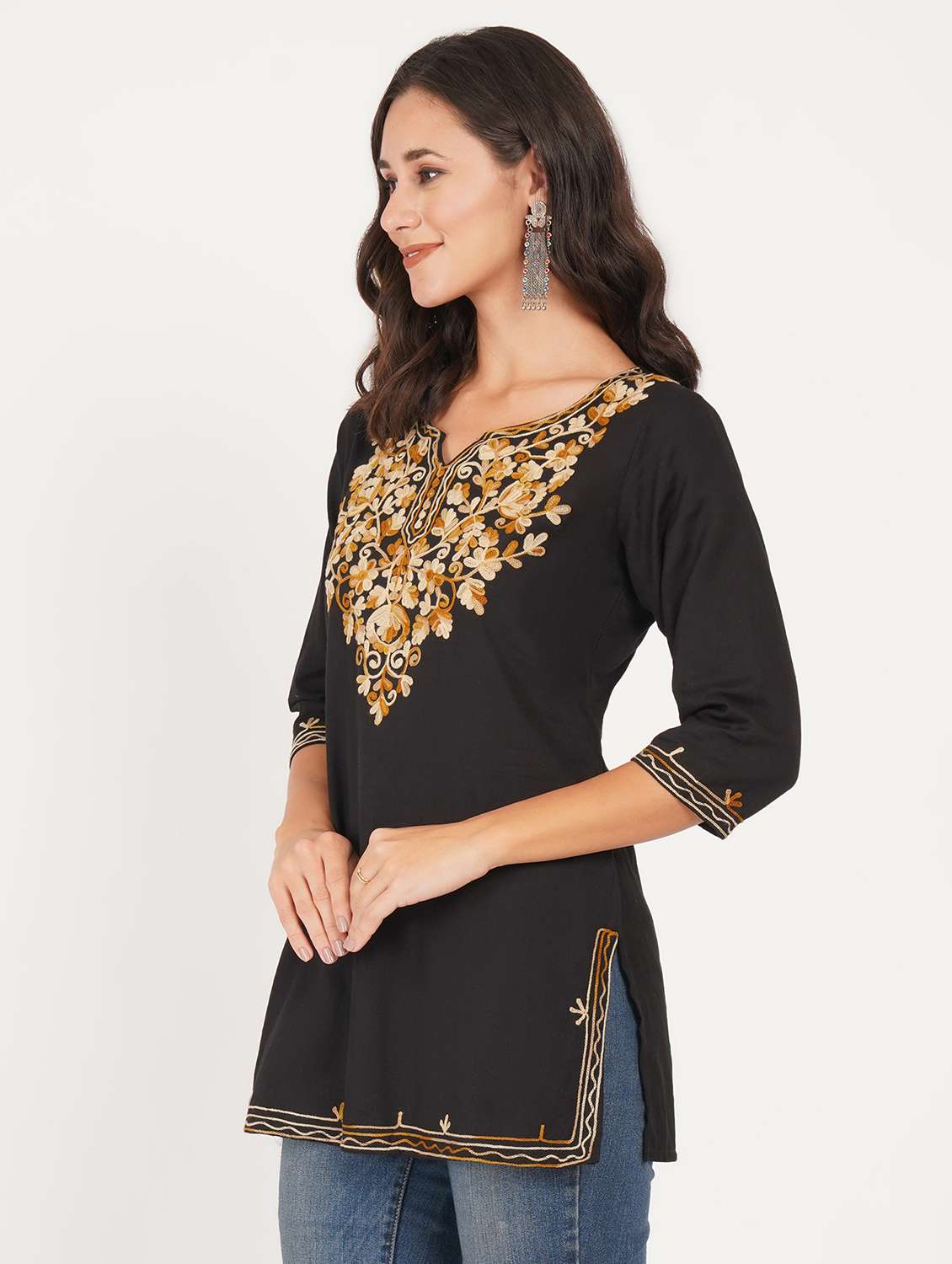 women solid with work notch neck straight kurti - 22387099 -  Standard Image - 2