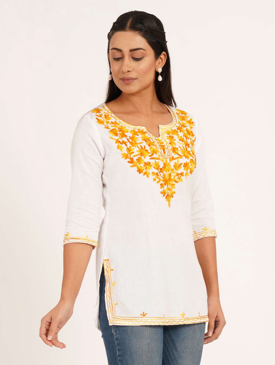 women solid with work notch neck straight kurti - 22387101 -  Standard Image - 2