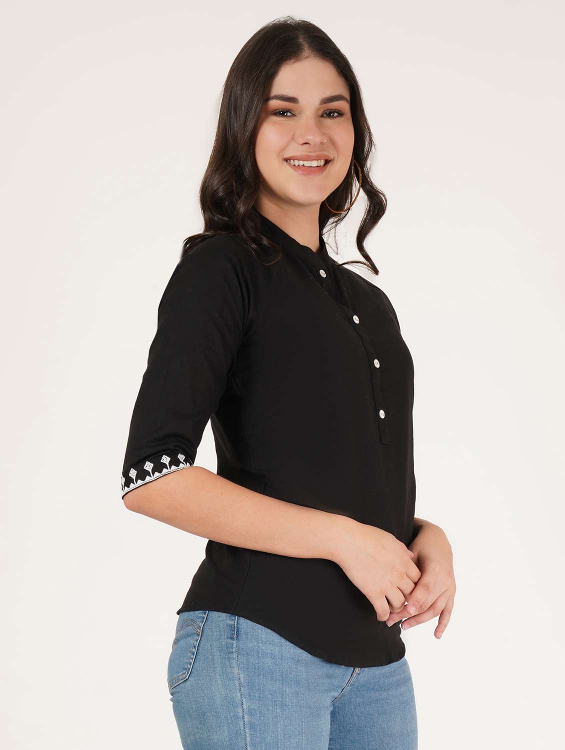 women solid three quarter sleeve ethnic top - 22387104 -  Standard Image - 2