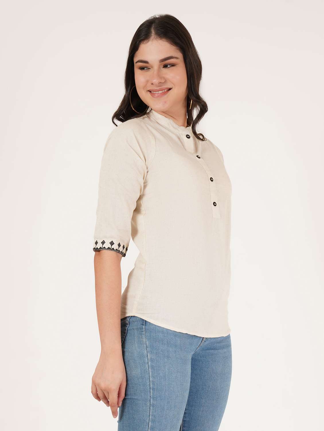 women solid three quarter sleeve ethnic top - 22387105 -  Standard Image - 2