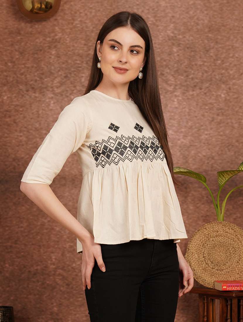 women solid with work elbow sleeve ethnic top - 22387107 -  Standard Image - 2