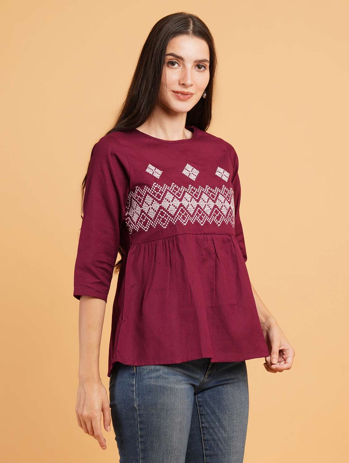 women solid with work three quarter sleeve ethnic top - 22387108 -  Standard Image - 2