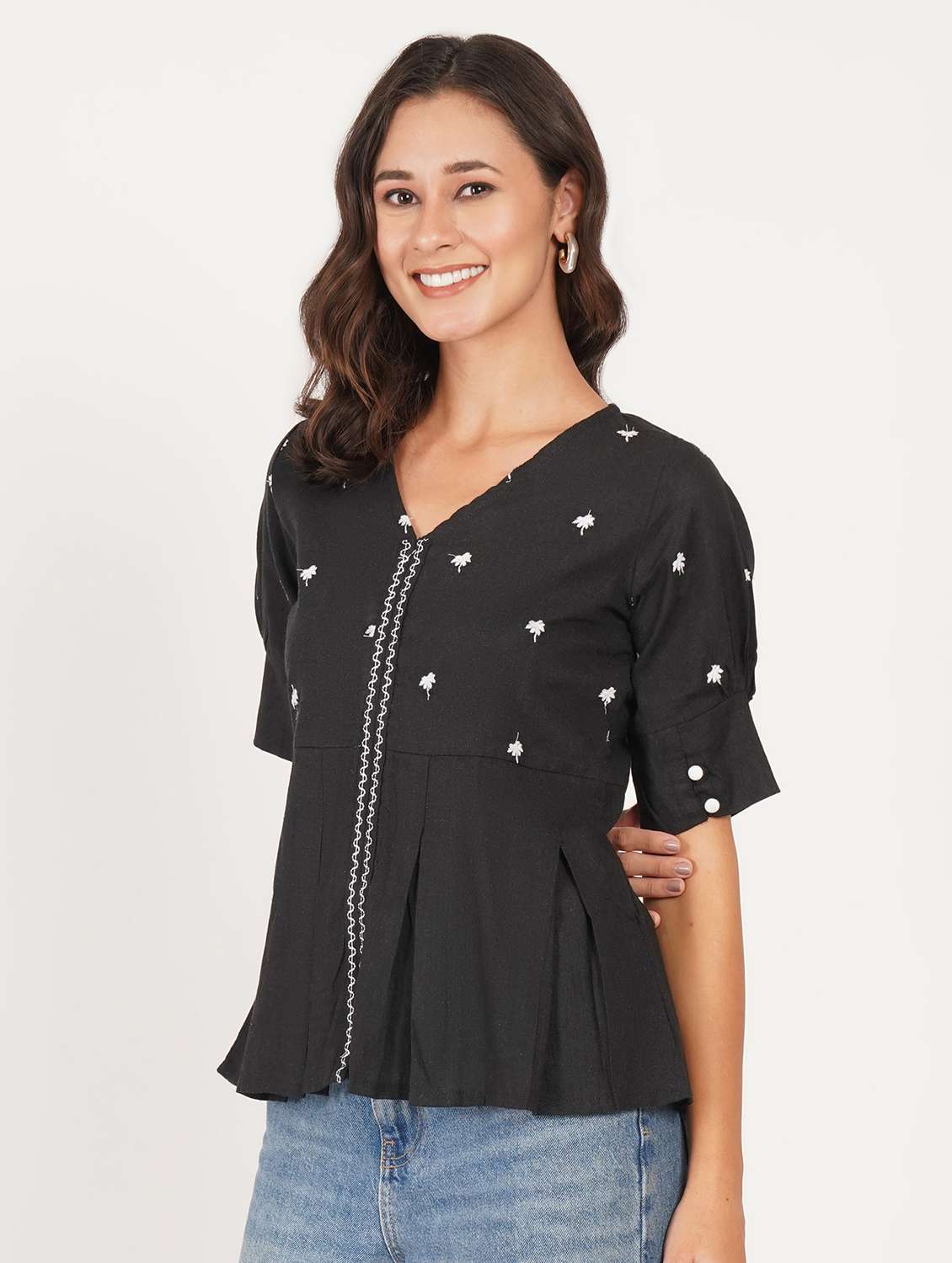 women solid with work puff sleeve ethnic top - 22387109 -  Standard Image - 2