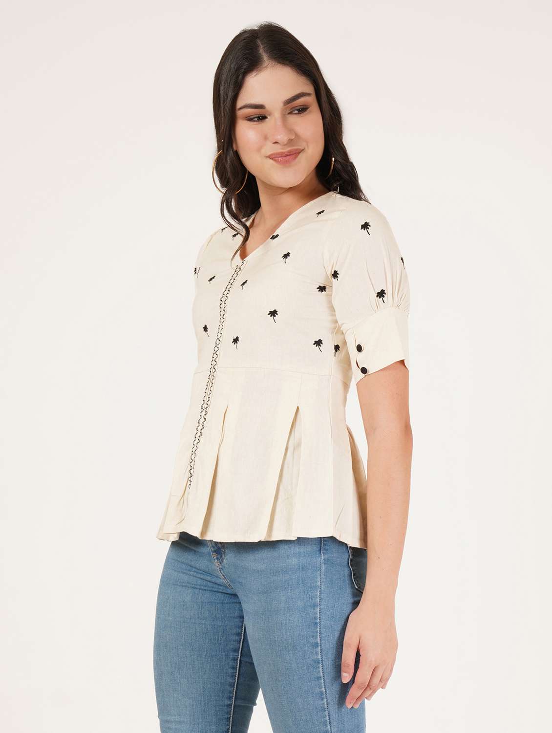 women solid with work puff sleeve ethnic top - 22387110 -  Standard Image - 2