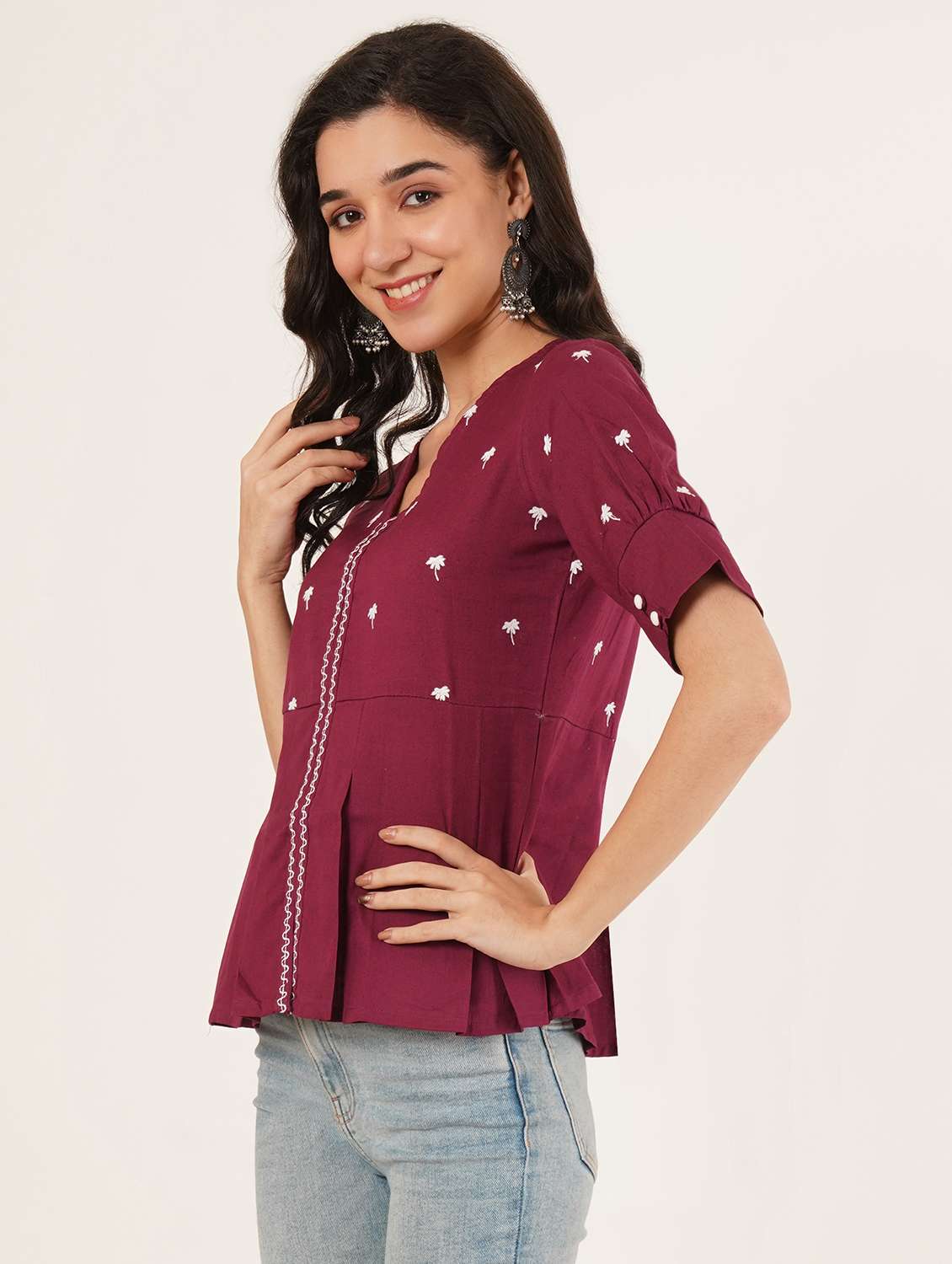 women solid with work puff sleeve ethnic top - 22387111 -  Standard Image - 2