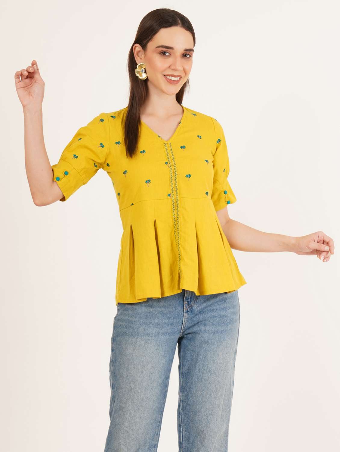 women solid with work puff sleeve ethnic top - 22387112 -  Standard Image - 2