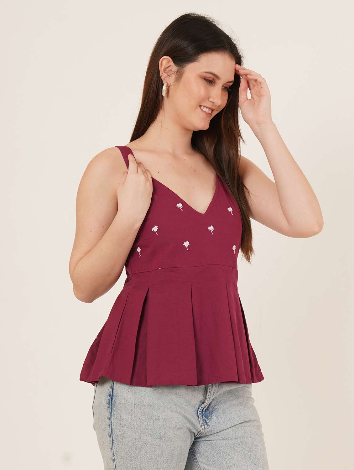 women solid with work shoulder strap ethnic top - 22387115 -  Standard Image - 2