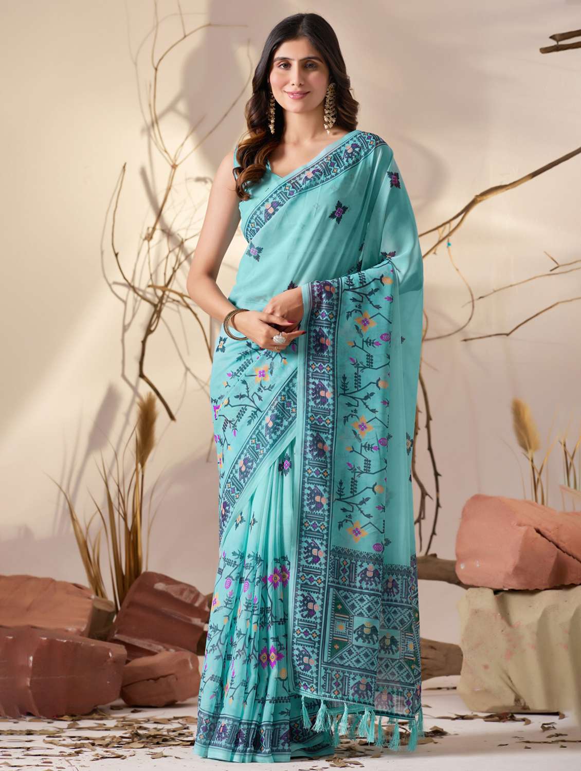 women printed casual wear sare with blouse