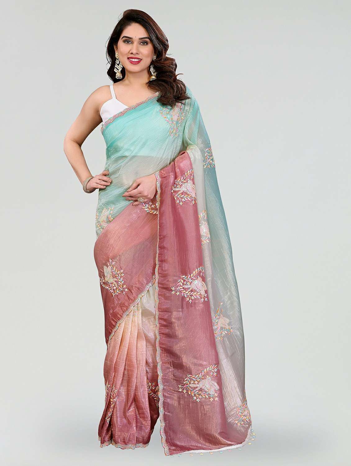 women ombre embroidered saree with blouse