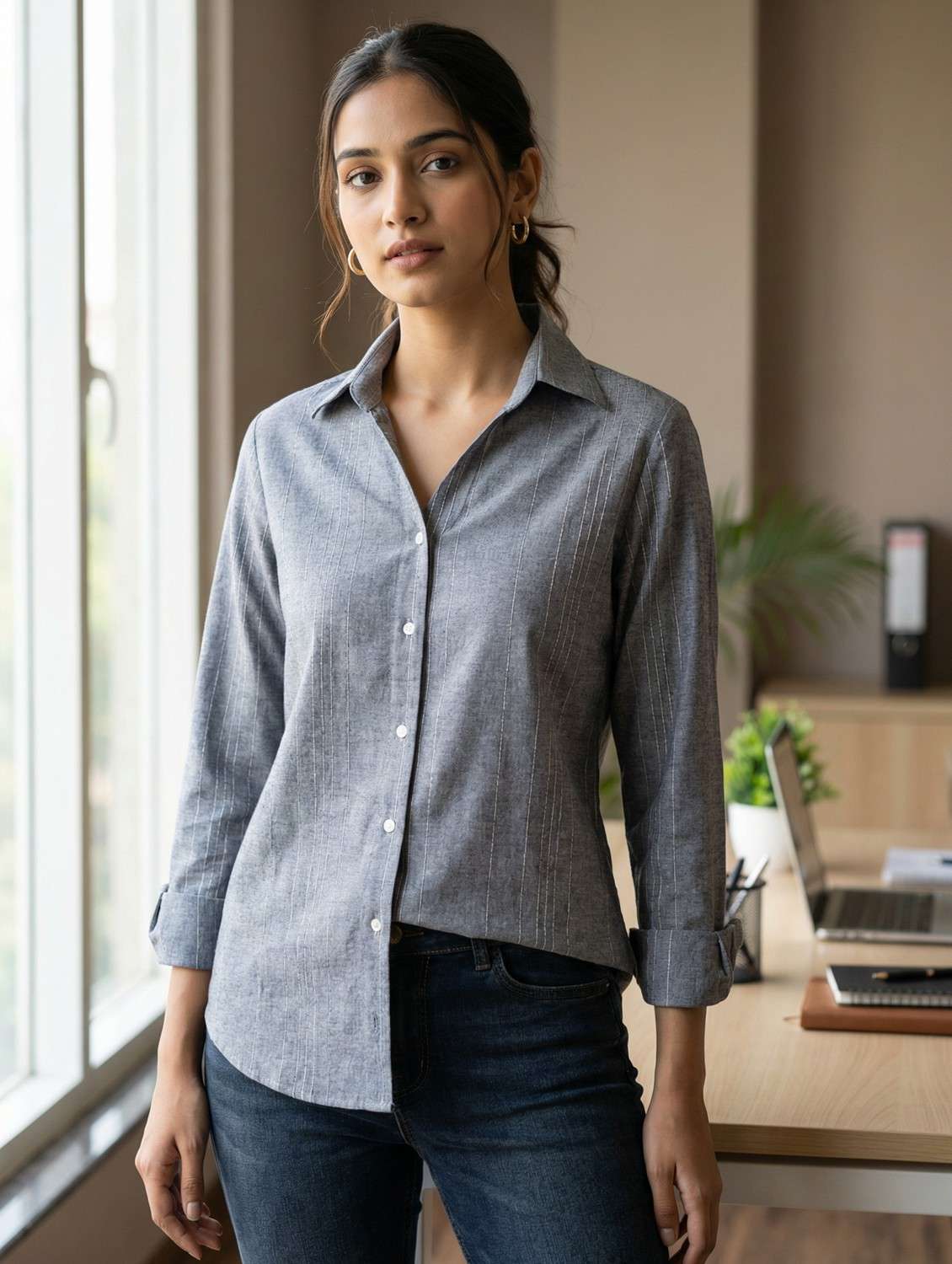 women solid collared long sleeve shirt - 22389738 -  Standard Image - 2