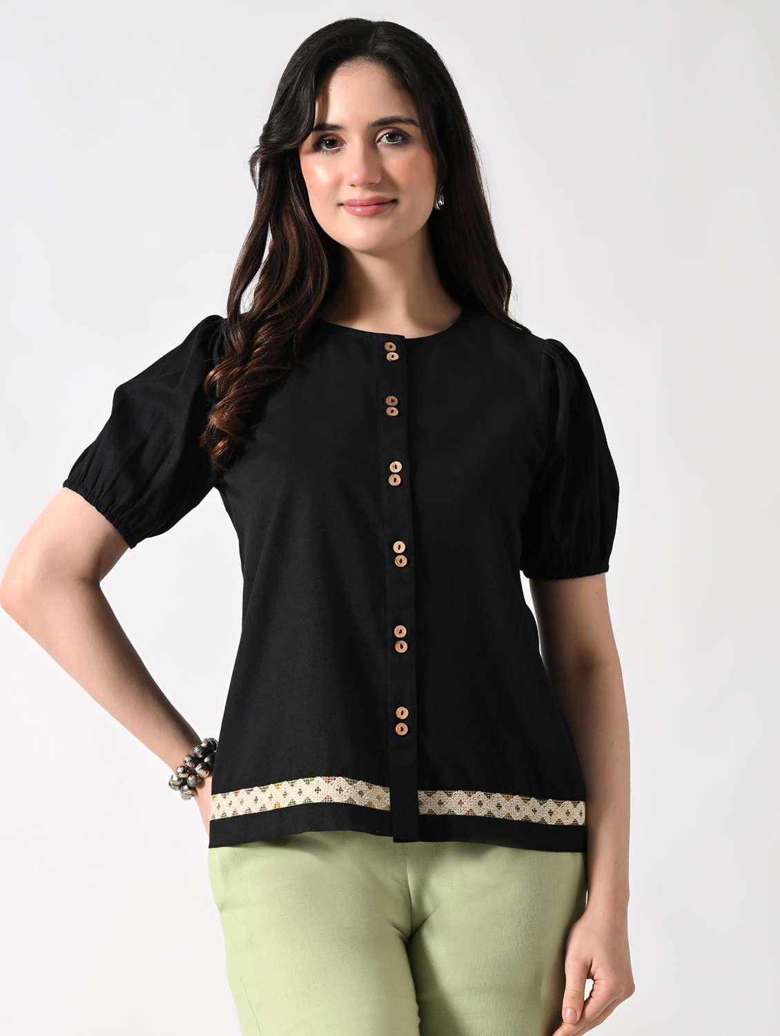 women solid puff sleeves regular top