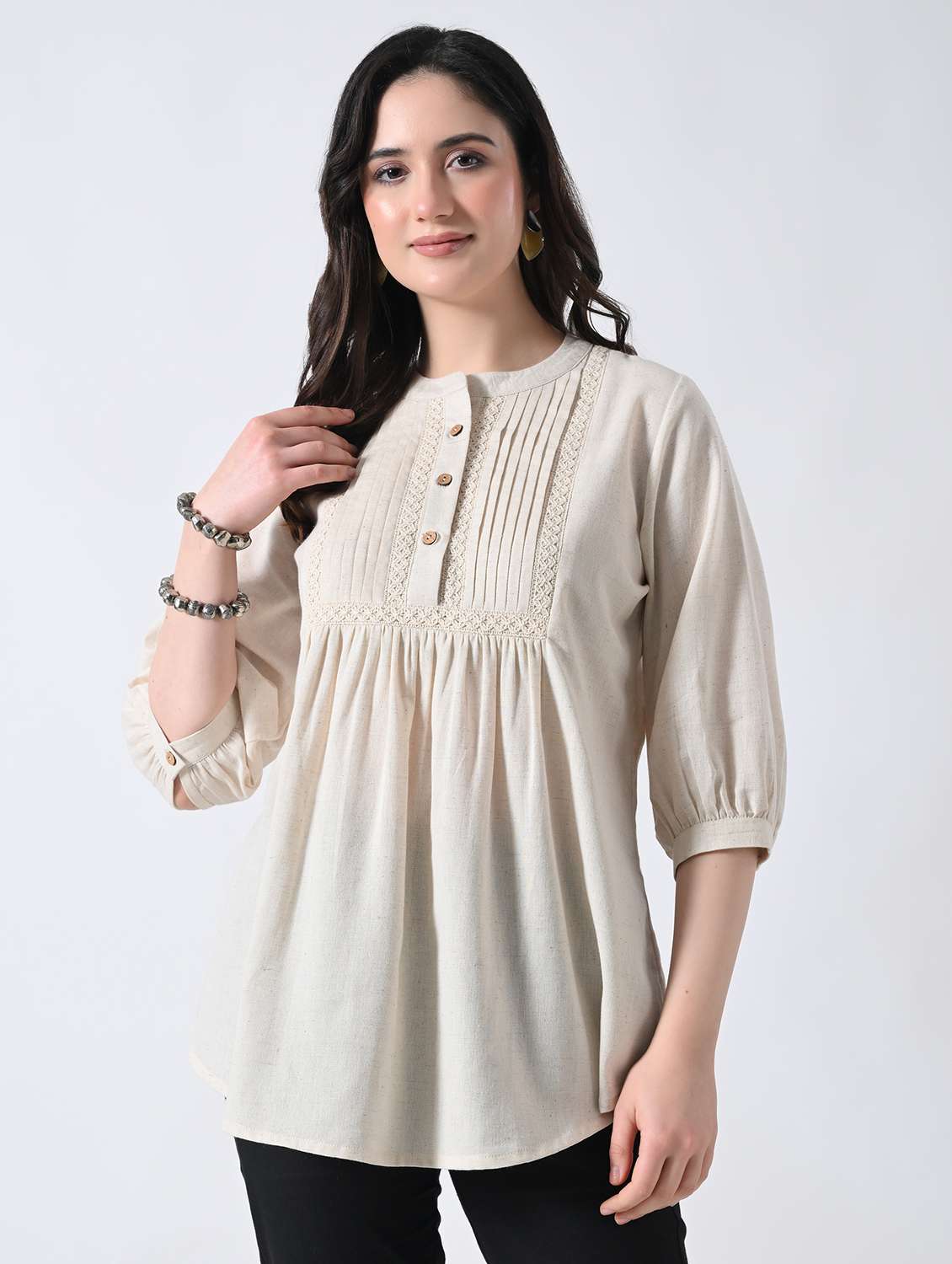 women solid mandarin neck a-line top