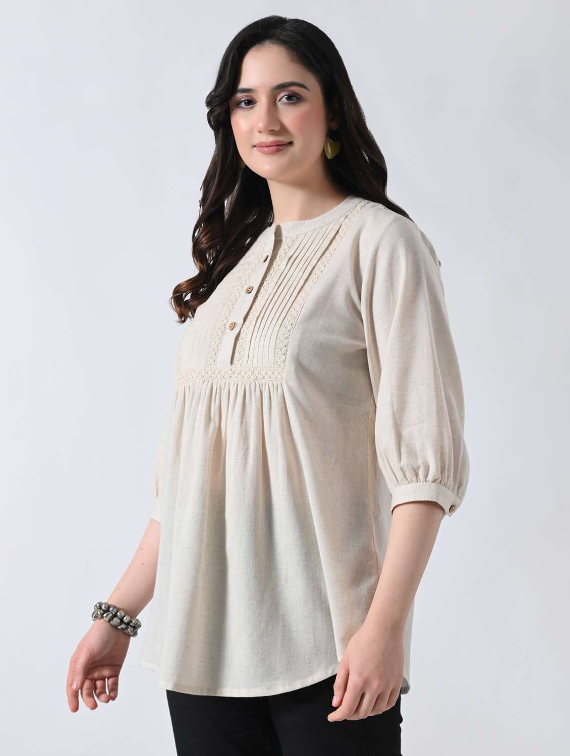 women solid mandarin neck a-line top - 22389751 -  Standard Image - 2