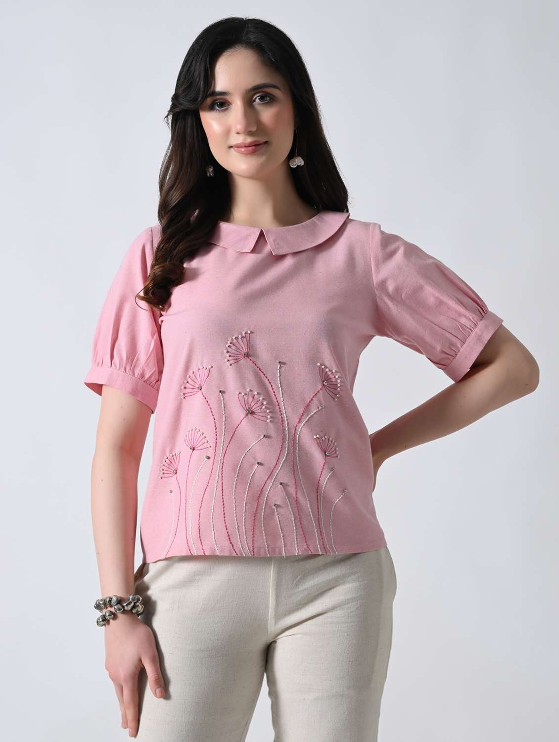 women embroidered peter pan collared regular top - 22389752 -  Standard Image - 2