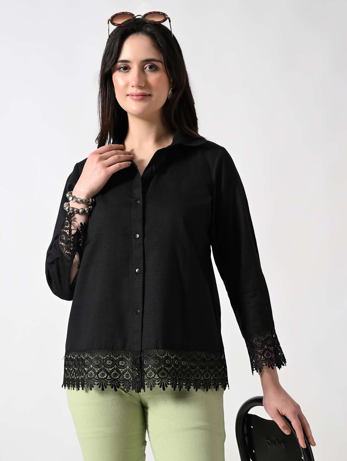 women solid collared regular shirt
