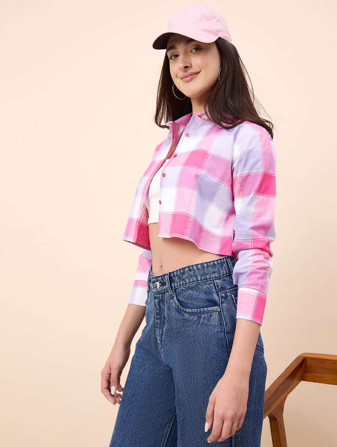 women checkered collared long sleeve crop shirt - 22390134 -  Standard Image - 2