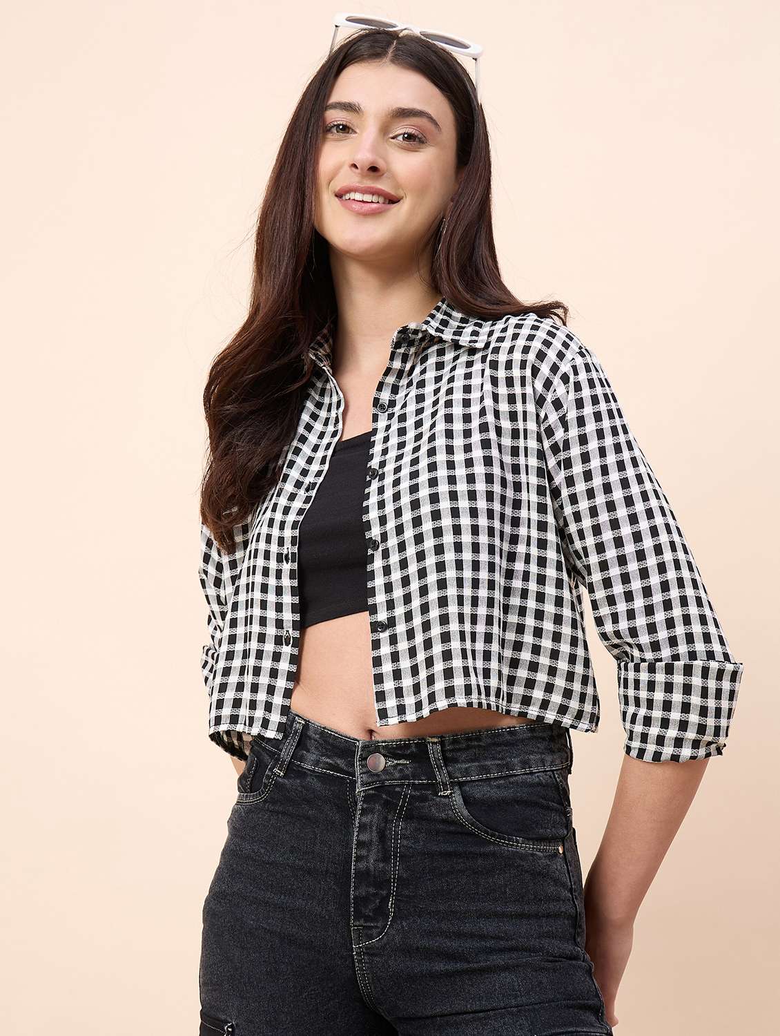 women checkered collared long sleeve crop shirt - 22390135 -  Standard Image - 2