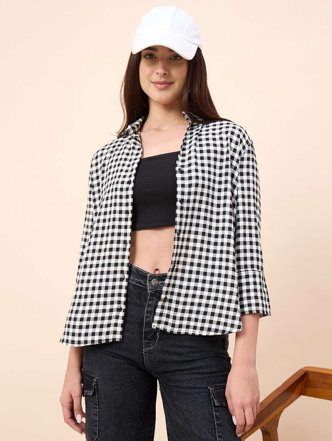 women checkered collared three quarter sleeve shirt